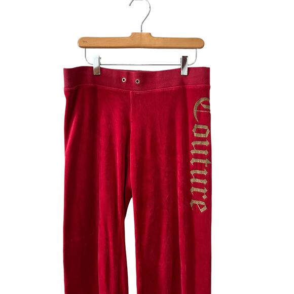 Juicy Couture OG Red Velour Track Pants Gold Glitter Logo M - Picture 1 of 7